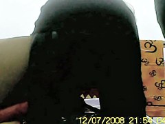 Amateur bends over showing black pantyhose upskirt