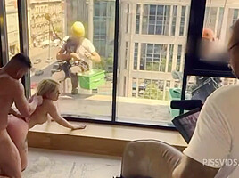 Anal pissing, fucking in front of windows cleaners - PissVids