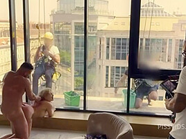 Anal pissing, fucking in front of windows cleaners - PissVids