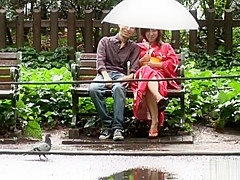 Asian babe in kimono enjoys the outdoors