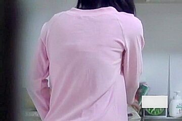Asian gets masturbation orgasm on the kitchen floor