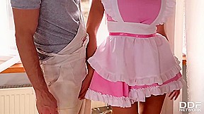 Big titted brunette maid is having sex with two guys at the same time, in the bedroom