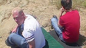 Blond Babe Enjoy Two Guys Outdoor