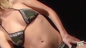 Blonde In Bikini And Fishnet Stockings Gets Anal Pleasure And Rubs Her Clit On Couch
