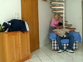 Blonde granny jumps on massive man meat