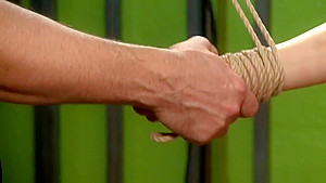 Blonde hogtied and anal finger fucked