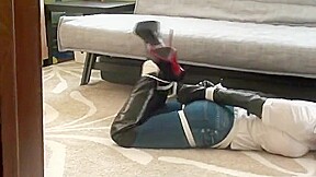Bondage in long leather gloves