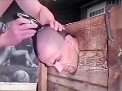 Bound slave shaved bald