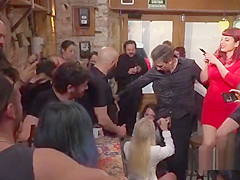 Brunette soing big dicks in public