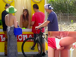 Busty brunette chick fucked from behind at lemonade stand