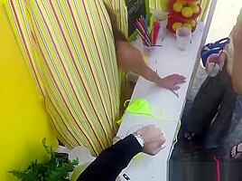Busty brunette chick fucked from behind at lemonade stand