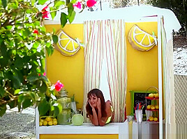 Busty brunette chick fucked from behind at lemonade stand