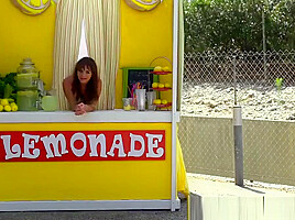 Busty brunette chick fucked from behind at lemonade stand