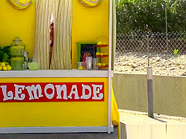 Busty brunette chick fucked from behind at lemonade stand