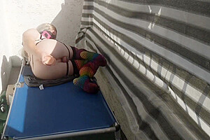 Caged Sissy Plays With Her Dildo On Public Balcony