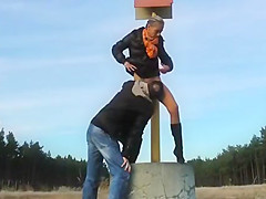 Couple winter forest sex fun