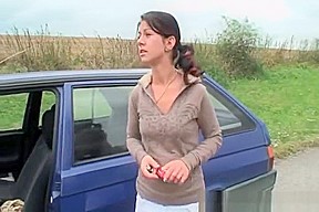 Cute babe seduces grandpa on the road