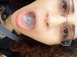 Eager chick with glasses Sucking cock