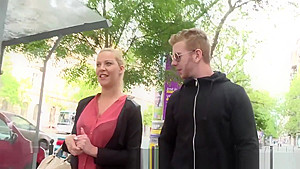Eurobabe deepthroats strangers cock for cash