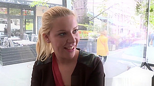 Eurobabe deepthroats strangers cock for cash