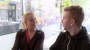 Eurobabe deepthroats strangers cock for cash