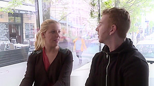 Eurobabe deepthroats strangers cock for cash
