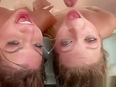 Face-fucked brunettes swallow fresh cum