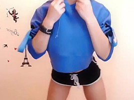 Fine-ass asian cutie dances in hot shorts and thong