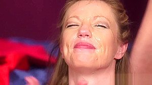 Frisky idol gets sperm load on her face swallowing all the load