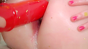 Gaping enema babe stuffed with huge dildo