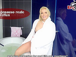 German curvy natural tits girl short hair try first threesome MMF