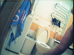 Girl in polka dot dress upskirt masturbation in toilet