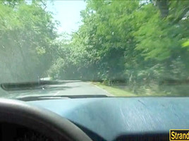 Hitchhiking couple picked up and fucking in the backseat
