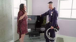 Hot and horny teen 18+ lures the cable guy in to an intense fuck
