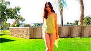 Hot solo Melody masturbating pussy backyard