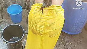 Indian House Wife Bathing Outside