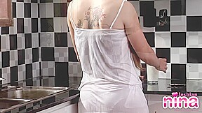 Lesbian Nina strip nude in gym and kitchen