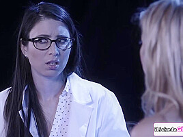 Lesbian scientist pussy licking big tits artificial woman