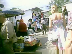Long dress upskirt in street market