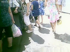 Long dress upskirt in street market