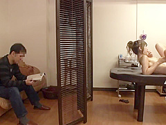 Masseur secretly fucked with hot wife beside her husband