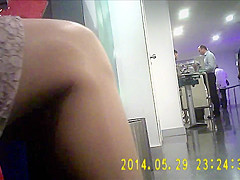 Office woman in very shiny tan pantyhose