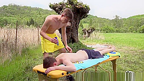 Outdoor twink amateur jerked off by masseur