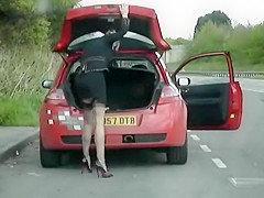 Outdoor upskirt with girl in seamed stockings
