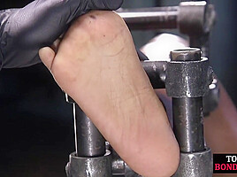Poor BDSM Ebony babe feet whipped by rough CMNF master