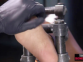 Poor BDSM Ebony babe feet whipped by rough CMNF master
