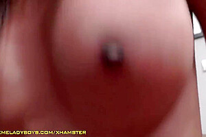 Redhead Ladyboy In Tight Dress Rides Her Boyfriends Cock On