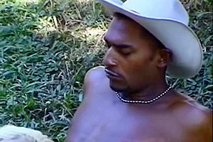 Riding a Shemale Blond shemale fucked by two black guys