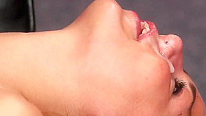 Sexy centerfold gets sperm shot on her face sucking all the load