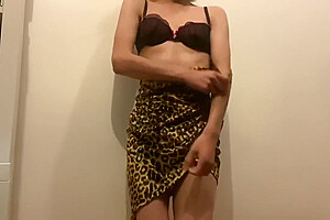 Sissy In Leopard Dress Strips For You And Fucks Herself With Her Buttplug